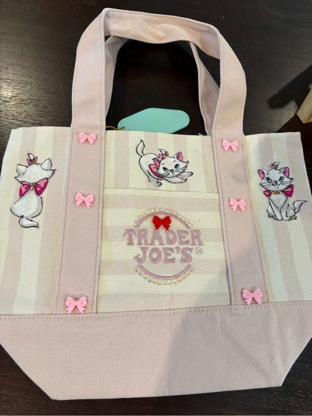 Trader Joe's Pink Stripe Cat Canvas Tote with Charm
